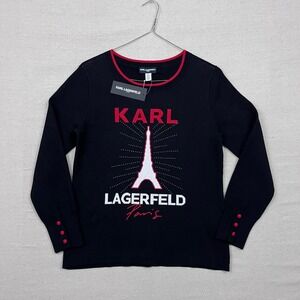 NWT Karl Lagerfeld Paris Black Eiffel Tower Knit Sweater Women's M/M Red Trim